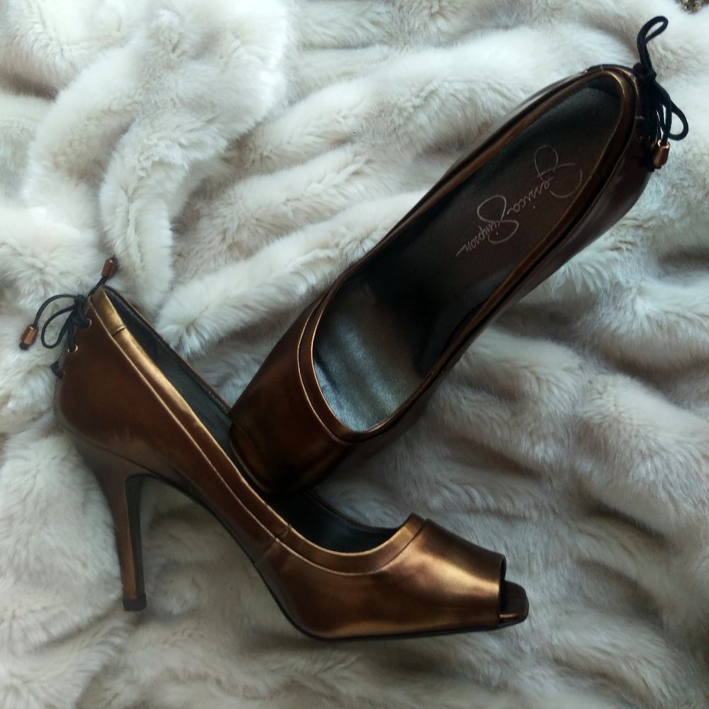 EUC Bronze open toe corset back pumps 7.5